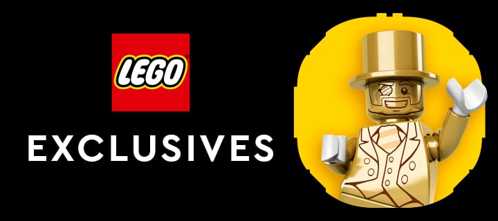 LEGO Exclusives-banner med LEGO-logotyp och guldfärgad Mr. Gold-minifigur med hög hatt och monokel